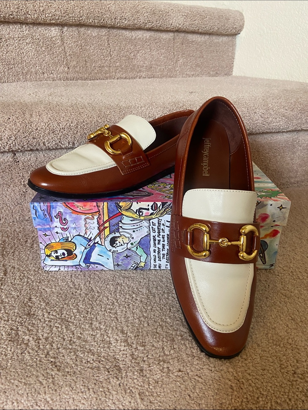Jeffrey Campbell Two-Tone Brown and Cream Leather Bit Loafers